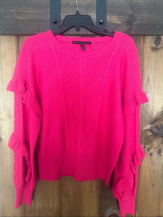 White House Black Market Sweaters - White House Black Market Hot Pink Ruffle-Sleeve Cable Knit Sweater